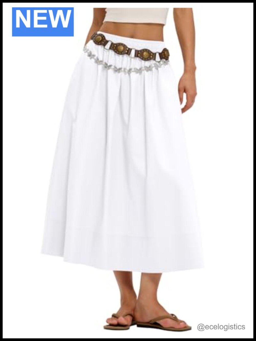 Women's Cotton A-Line Midi Skirt with Pockets Elastic Waist